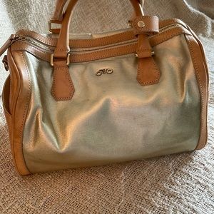 RoviMoss Gold Purse with Leather Outside Pockets and trim